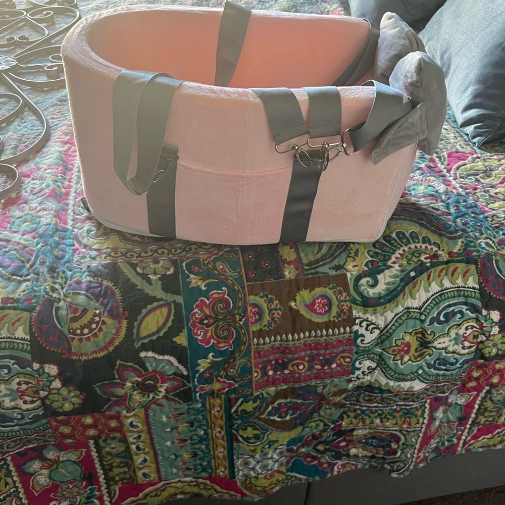 Pink Pet Carrier with grey Straps